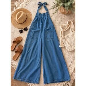 NWT Womens Chambray Wide Leg Jumpsuit Halter Neck Boho Denim Overalls L